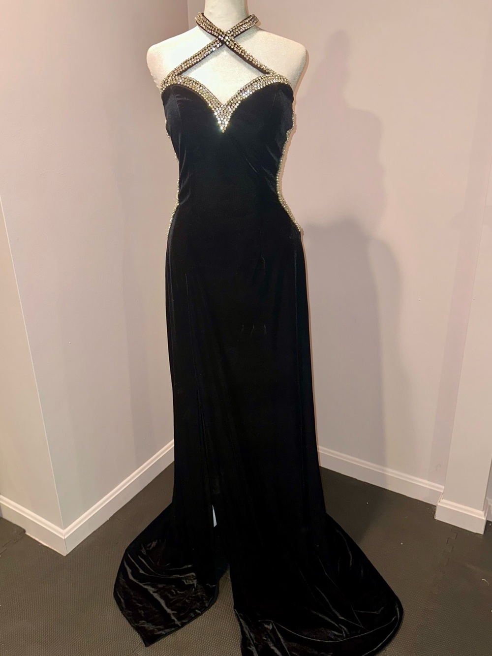 Black Velvet Crisscross Halter Evening Dress with Rhinestone Trim